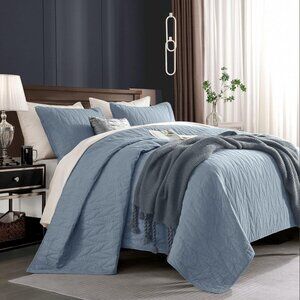 100% Cotton Blue Quilt Set King Size 3 Piece